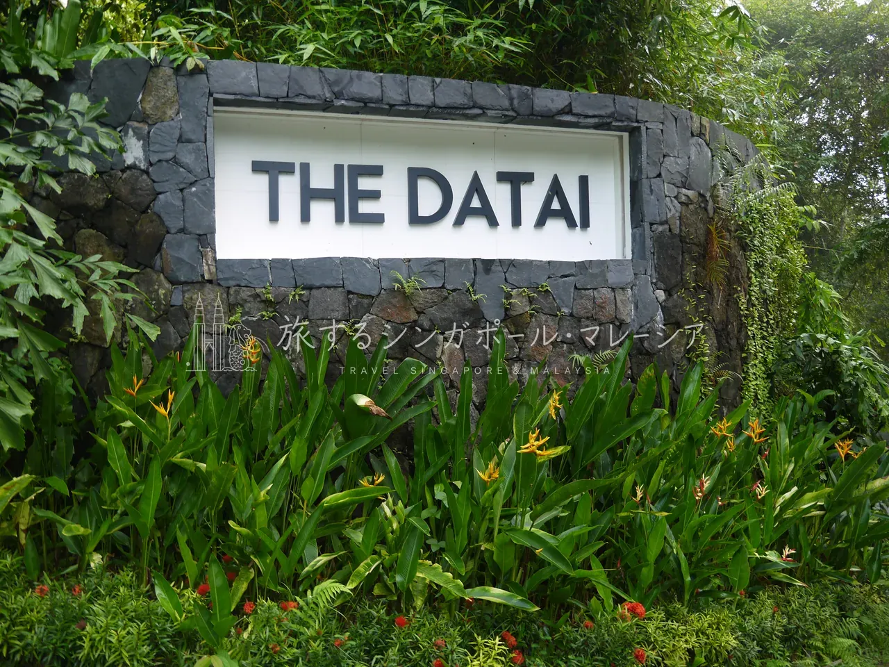 森を抜けた先に現れる「THE DATAI」の石積みサイン。ここから先が、もう別世界です。