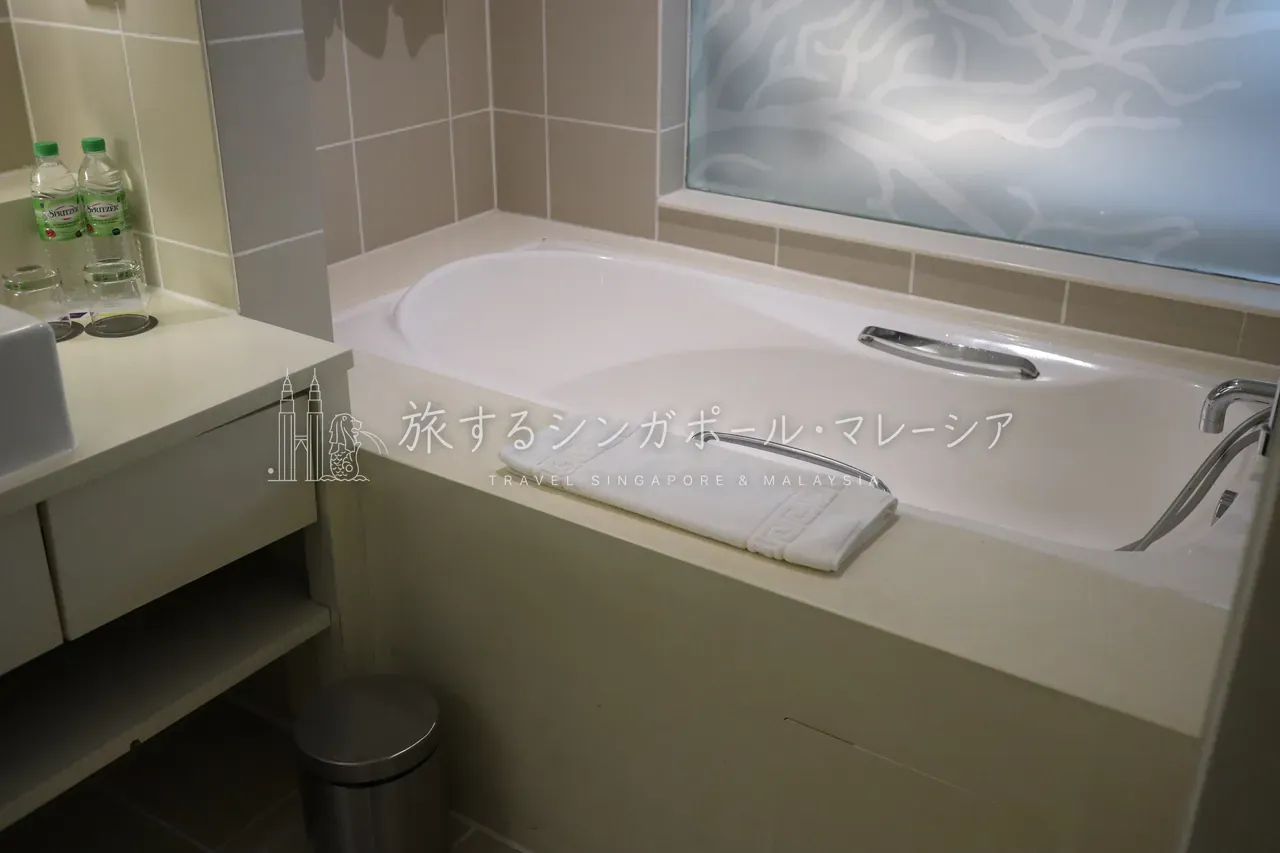 左:アメニティはひととおり完備。右:広々としたバスタブ。