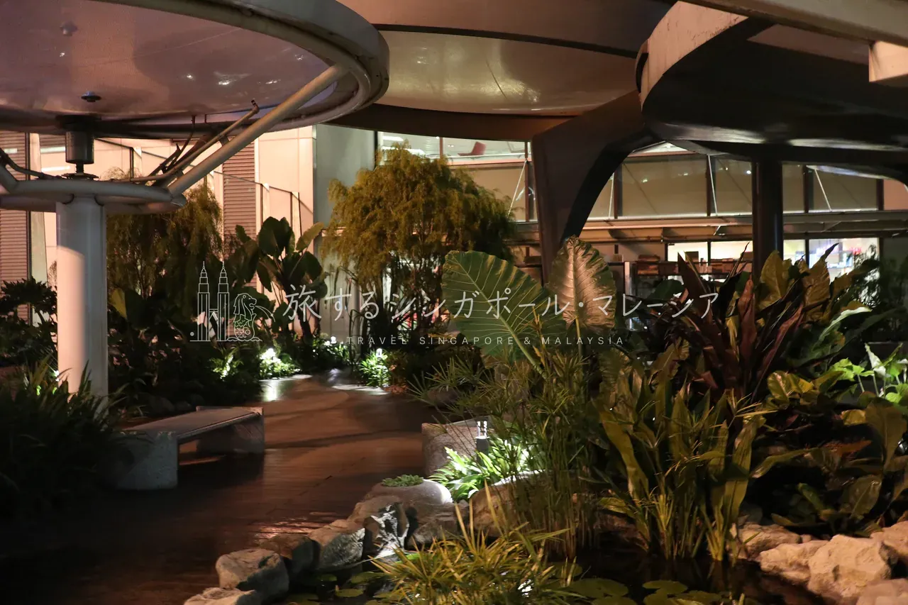 Water Lily Garden。制限エリアには屋外に出られる庭があり、一歩出ると“南の島”の暑さ。館内はエアコンが効きすぎて常夏を忘れます。
