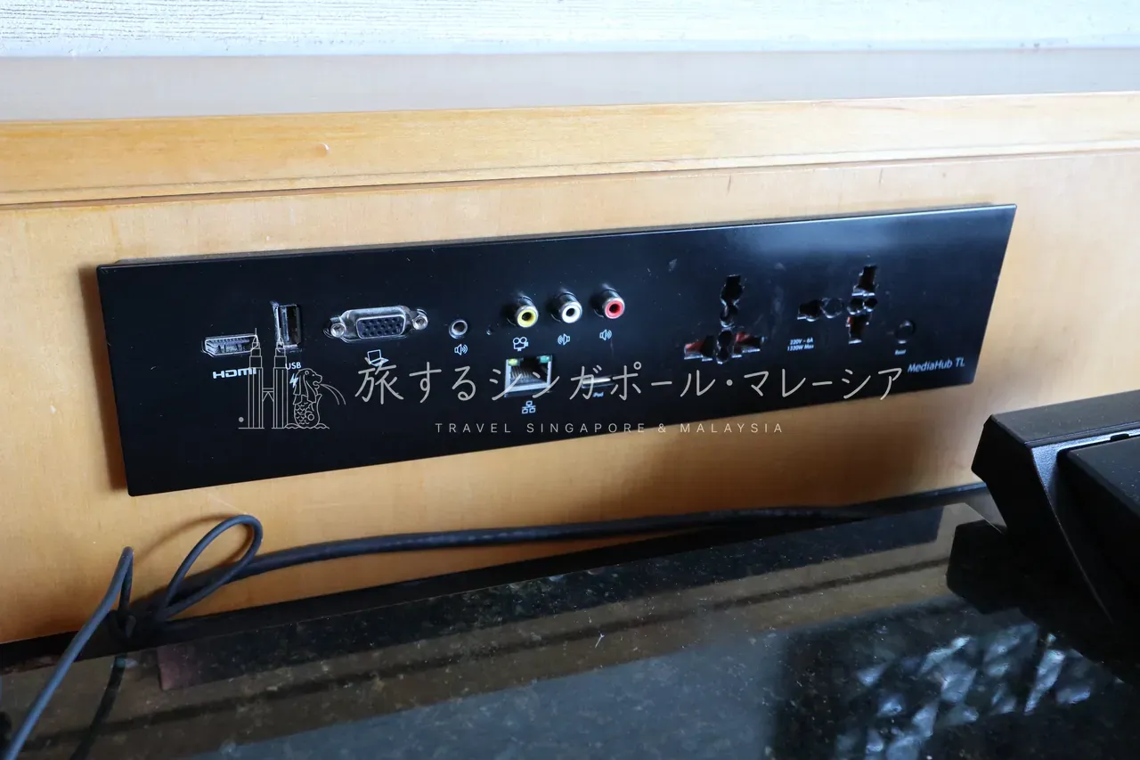 左：デスクにはいろいろ繋げられ、こちらにもコンセント。右：テレビ下のミニバー。