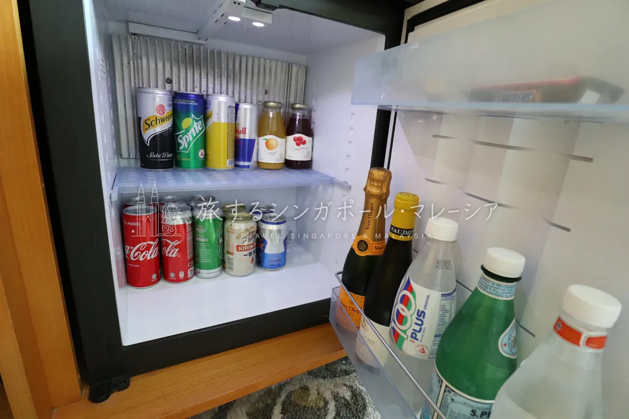 左：冷蔵庫はこんな感じ。右：入口のクロークにはバスローブも用意されています。