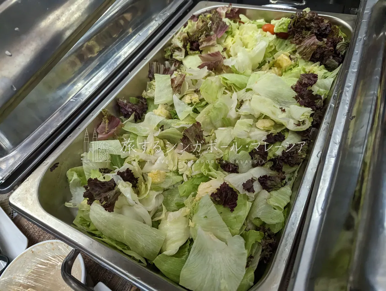 左:コーンや野菜入りのフライドライス(炒飯)。右:グリーンリーフと紫キャベツのサラダコーナー。さっぱり系もきちんと用意されています。