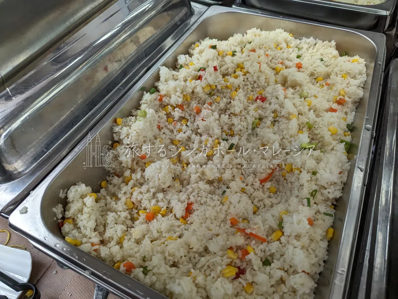 左:コーンや野菜入りのフライドライス(炒飯)。右:グリーンリーフと紫キャベツのサラダコーナー。さっぱり系もきちんと用意されています。
