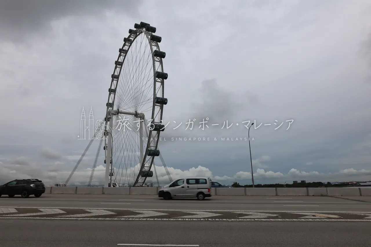 左:歩道橋の欄干越しに見上げる車輪。走る車と並べると、その巨大さがよく分かる。右:夜は外周が赤く縁取られてライトアップ。緑の木立の向こうに、半弧を描く光がゆっくり浮かび上がる——昼の構造美とは別物の、ロマンチックな夜の表情。