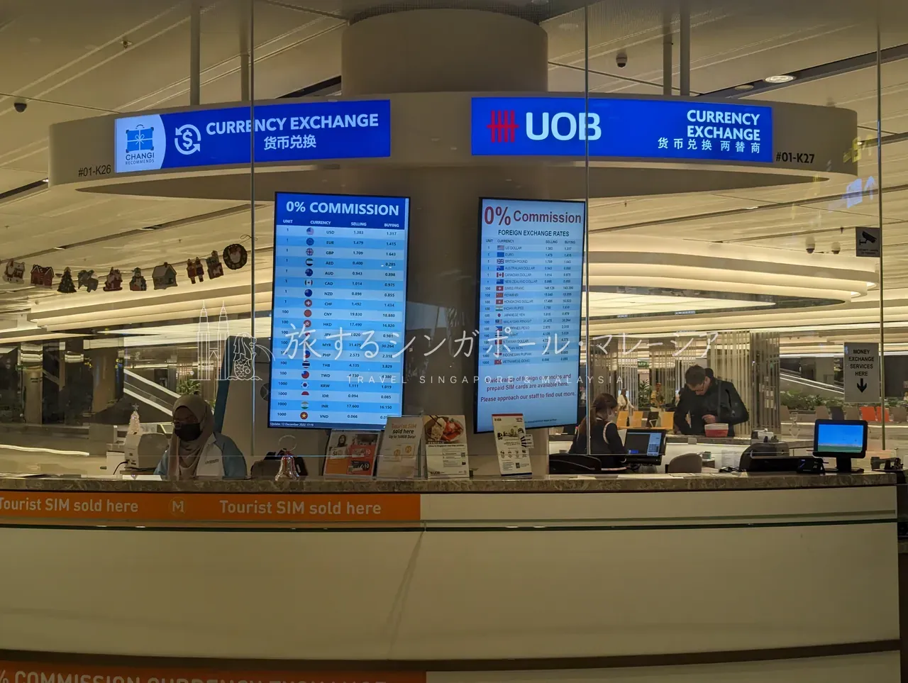 チャンギ空港の両替（UOB）。0%コミッション・24時間営業で、空港にしてはレートも良好。市街地まで我慢できないぶんのつなぎに。