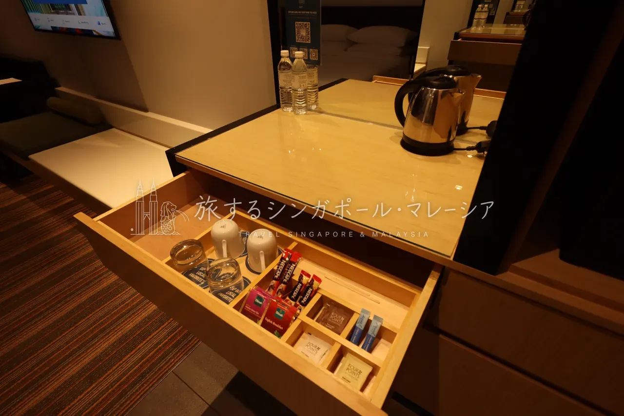 壁掛けテレビとワークデスク、ミニバーまわり。コンパクトながら使いやすくまとまっている。