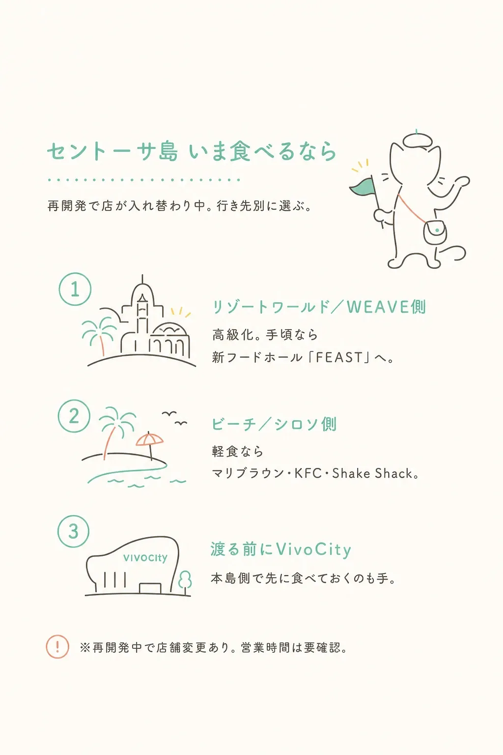 リゾートワールド/WEAVE側は高級化。手頃に食べるなら新フードホール「FEAST」、ビーチ寄り、または渡る前に本島側で。