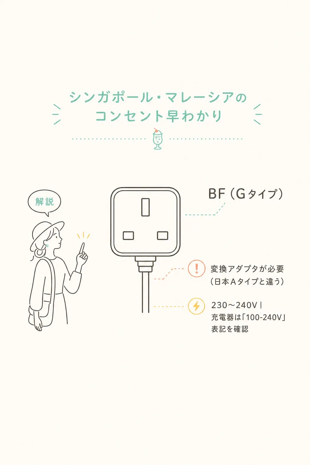 マレーシア・シンガポールのプラグ形状(BF/Gタイプ)。日本のAタイプとは形が違います。